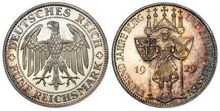 1085098 GERMANY, WEIMAR REPUBLIC. 1929-E AR 5 Reichsmark. NGC PR66 Cameo.  Muldenhutten. Eagle / Central figure holding shields on poles divides date, five crosses above. KM 66; Jaeger 339.

Struck to commemorate the 1000th Anniversary of Meissen....