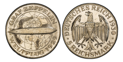 1086785 GERMANY, WEIMAR REPUBLIC. 1930-A AR 5 Reichsmark. PCGS MS65.  Berlin. Eagle, denomination below / Zeppelin across globe, date below. KM 68; Jaeger 343.

Graf Zeppelin flight.

Please use this link to verify the PCGS certification number <a...