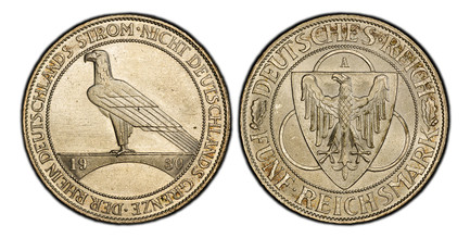 1086786 GERMANY, WEIMAR REPUBLIC. 1930-A AR 5 Reichsmark. PCGS MS65.  Berlin. Eagle on shield, design in background / Eagle left on bridge divides date. KM 71; Jaeger 346.

Liberation of Rhineland.

Please use this link to verify the PCGS certific...