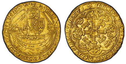 1087220 GREAT BRITAIN. England. Richard II. (King, 1377-1399). (1377-99) AV Noble. PCGS MS63.  London (Tower) mint. King holding sword and shield stg. facing in ship, annulet over sail / Floriate cross with "R" in central quadrilobe, trefoils in s...