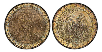 1087574 GREAT BRITAIN. 1588 AR Medal. PCGS MS62.  51.2mm. 45.30gm. The Spanish Armada in battle; the radiant name of Jehovah above / A church upon a rock in a stormy sea; crowed shield of arms below. Eimer-57, MI-145/112; van Loon I, 386,1; Saunde...