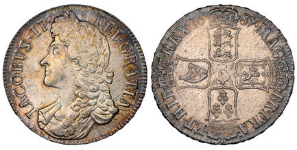 1087952 GREAT BRITAIN. England. James II. (King, 1685-88). 1687 AR Crown. NGC MS63.  Edge: TERTIO. Second bust (narrower) of James II left / Cruciform crowned shields of arms. KM 463; SCBC-3407; ESC-743 (Prev. ESC-78); Dav.-3779.

Very attractivel...