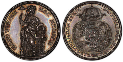 1088040 GREAT BRITAIN. England. William and Mary. 1689 AR Medal. PCGS SP65.  Edge: Reeded. HANC TUEMUR HAC NITIMUR. Standing figure of Liberty holding Phrygian cap on staff and resting arm on a Bible placed on decorated altar / BRITTAN LIBER RELIG...
