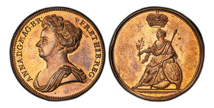 1087361 GREAT BRITAIN. Anne. (1701-14) ND CU Pattern Halfpenny. PCGS PR65RB (Red-Brown).  Bust, left / Large crown above seated figure of Anne as Britannia, left; holding branch and spear; shield oaf arms to lower right. Peck 728.

Please use this...