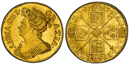 1087226 GREAT BRITAIN. Anne. (Queen, 1702-1714). 1713 AV Guinea. PCGS MS62.  ANNA · DEI · - GRATIA ·. Third bust left / MAG - BRI · FR - ET · HIB - REG ·. Crowned shields in cruciform, sceptres at angles. KM 534; SCBC-3574; EGC-477; MCE 225; Fried...