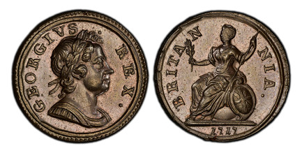 1086763 GREAT BRITAIN. George I. (King, 1714-1727). 1717 CU Farthing. PCGS MS64BN (Brown).  GEORGIVS - · - REX ·. Laureate bust right / BRITA - N - NIA ·. Brittania seated left. KM 548; SCBC-3661; BMC 783; Cooke 458.

Please use this link to verif...