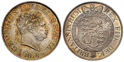 1087415 GREAT BRITAIN. George III. (King, 1760-1820). 1818 AR Halfcrown. NGC MS64.  GEORGIUS III DEI GRATIA. Small laureate head right / BRITANNIARUM REX FID: DEF:. Crowned arms within order chain. KM 672; SCBC-3789 (Small bust variety).

Please u...