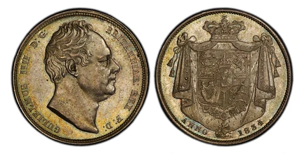 1087527 GREAT BRITAIN. William IV. (King, 1830-1837). 1834 AR Halfcrown. PCGS MS64.  Edge: Reeded. GULIELMUS IIII D:G: BRITANNIAR: REX F:D:. Larger, modified head right / Arms within crowned mantle. KM 714.2. W.W. in script; SCBC-3834.

Please use...