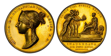 1087303 GREAT BRITAIN. Victoria. (Queen, 1837-1901). 1838 AV Coronation Medal. PCGS SP61.  By B. Pistrucci. 36mm. 30.35gm. D. G. BRITANNIARUM REGINA F. D. Diademed bust left / ERIMUS TIBE NOBILE REGINUM / INAUGURATA DIE JUNII XXVII MDCCCXXXVIII (i...