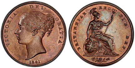 1086823 GREAT BRITAIN. Victoria. (Queen, 1837-1901). 1841 CU Penny. PCGS MS63BN (Brown).  VICTORIA DEI GRATIA. Head left / BRITANNIAR: REG: FID: DEF:. Britannia seated right. KM 739. Without colon after REG; SCBC-3948; Peck (BMC)-1484.

Please use...