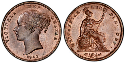 1086824 GREAT BRITAIN. Victoria. (Queen, 1837-1901). 1841 CU Penny. PCGS MS64BN (Brown).  VICTORIA DEI GRATIA. Head left / BRITANNIAR: REG: FID: DEF:. Britannia seated right. KM 739. Without colon after REG; SCBC-3948; Peck (BMC)-1484.

Please use...