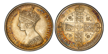 1086816 GREAT BRITAIN. Victoria. (Queen, 1837-1901). 1852 AR Gothic Florin, Two Shillings. PCGS MS63.  Edge: Milled. BRIT... Without die number / Crowned shields of England, Scotland and Ireland in cross formation with flowers at corners. KM 746.1...