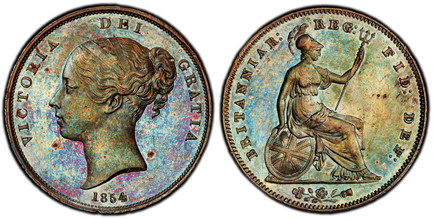 1086828 GREAT BRITAIN. Victoria. (Queen, 1837-1901). 1854 CU Penny. PCGS MS63BN (Brown).  VICTORIA DEI GRATIA. Head left / BRITANNIAR: REG: FID: DEF:. Britannia seated right. KM 739. Plain trident.; SCBC-3948; Peck 1506.

Please use this link to v...
