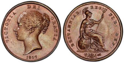 1086831 GREAT BRITAIN. Victoria. (Queen, 1837-1901). 1857 CU Penny. PCGS MS64BN (Brown).  VICTORIA DEI GRATIA. Head left / BRITANNIAR: REG: FID: DEF:. Britannia seated right. KM 739. Ornamental trident; SCBC-3948 (Ornamental trident); Peck 1513.

...