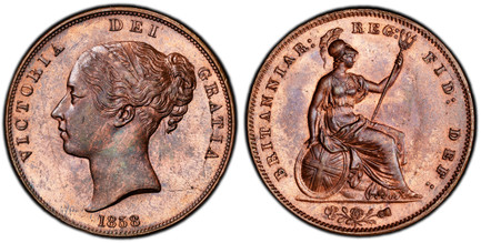 1086834 GREAT BRITAIN. Victoria. (Queen, 1837-1901). 1858 CU Penny. PCGS MS64RB (Red-Brown).  VICTORIA DEI GRATIA. Head, left; without WW on truncation / BRITANNIAR: REG: FID: DEF:. Britannia seated right. KM 739. Large date without W.W.; SCBC-394...