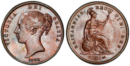 1086835 GREAT BRITAIN. Victoria. (Queen, 1837-1901). 1859 CU Penny. PCGS MS64BN (Brown).  VICTORIA DEI GRATIA. Head left / BRITANNIAR: REG: FID: DEF:. Britannia seated right. KM 739; SCBC-3948; Peck 1519.

Please use this link to verify the PCGS c...