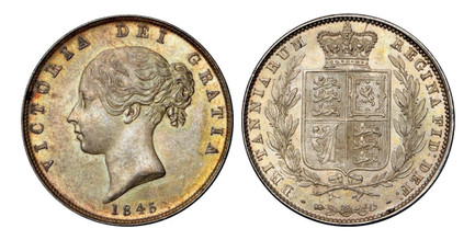 1087972 GREAT BRITAIN. Victoria. (Queen, 1837-1901). 1865 Silver Gothic Florin, Two Shillings. NGC MS64.  Edge: Reeded. With die number (2), below bust / Crowned shields of England, Scotland and Ireland in cross formation with flowers at corners. ...