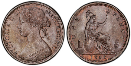 1086837 GREAT BRITAIN. Victoria. (Queen, 1837-1901). 1866 AE Penny. PCGS MS64BN (Brown).  VICTORIA D:G: BRITT: REG: F:D:. Laureate bust left / Britannia seated right. KM 749.2; SCBC-3954; Freeman 52 (Obverse 6 Reverse G).

Toothed border, without ...