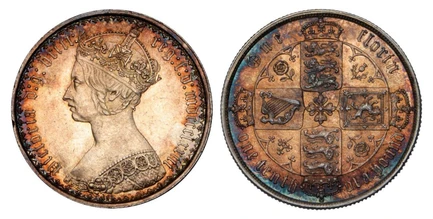 1087973 GREAT BRITAIN. Victoria. 1873 AR Gothic Florin, Two Shillings. NGC MS64.  BRITT... With die number (131) below truncation / Crowned shields of England, Scotland and Ireland in cross formation with flowers at corners. KM 746.2; SCBC-3893 Ty...