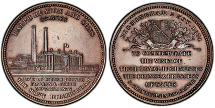 1086789 GREAT BRITAIN. Victoria. (Queen, 1837-1901). 1874 CU Medal. PCGS MS62.  39gm. RALPH HEATON and SONS/ COINERS// TO THE BRITISH FRENCH/ ITALIAN & OTHER/ GOVERNMENTS// THE MINT BIRMINGHAM. View of the mint buildings / BIRMINGHAM 3 NOV. 1874//...
