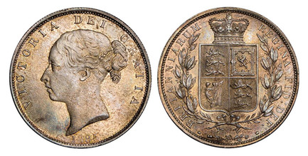 1087970 GREAT BRITAIN. Victoria. (Queen, 1837-1901). 1885 AR Halfcrown. NGC MS64.  Edge: Reeded. VICTORIA DEI GRATIA. Second young head left / BRITANNIARUM REGINA FIE: DEF:. Crowned arms within branches. KM 756; SCBC-3889; ESC-2765 Type A5 (Prev. ...