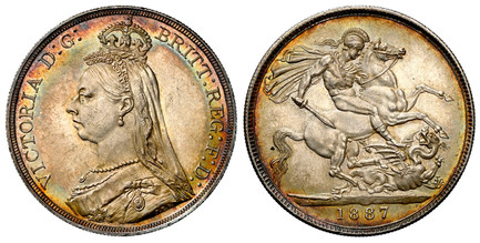 1087447 GREAT BRITAIN. Victoria. (Queen, 1837-1901). 1887 AR Crown. NGC MS64.  Edge: Reeded. VICTORIA D:G: BRITT: REGINA: F:D:. Bust left wearing small crown and veil / St. George slaying dragon right. KM 765; SCBC-3921; ESC-2585 (Prev. ESC-296); ...