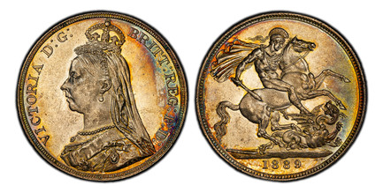 1086814 GREAT BRITAIN. Victoria. (Queen, 1837-1901). 1889 AR Crown. PCGS MS63.  VICTORIA D:G: BRITT: REGINA: F:D:. Bust left wearing small crown and veil / St. George slaying dragon right. KM 765; SCBC-3921; ESC-2589.

Please use this link to veri...