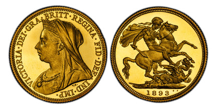 1087257 GREAT BRITAIN. Victoria. (Queen, 1837-1901). 1893 AV Sovereign. PCGS PR65DCAM (Deep Cameo).  VICTORIA · DEI · GRA · BRITT · REGINA · FID · DEF · IND · IMP ·. Mature draped bust left / St. George slaying the dragon. KM 785. Proof; SCBC-3874...