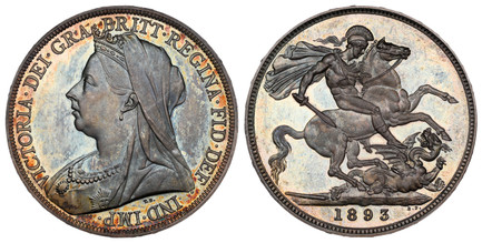 1087965 GREAT BRITAIN. Victoria. (Queen, 1837-1901). 1893-LVI AR Crown. NGC PR65.  Edge: DECVS ET TVTAMEN ANNO REGNI. VICTORIA · DEI · GRA · BRITT · REGINA · FID · DEF · IND · IMP. Mature draped bust left / St. George slaying dragon right. KM 783....