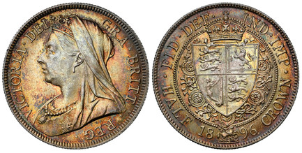 1087372 GREAT BRITAIN. Victoria. (Queen, 1837-1901). 1896 AR Halfcrown. NGC MS65.  Edge: Reeded. Mature draped bust left / FID · DEF · IND · IMP · around top, HALF date CROWN below. Crowned and quartered spade shield within wreath. KM 782; SCBC-39...