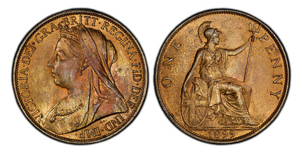 1086844 GREAT BRITAIN. Victoria. (Queen, 1837-1901). 1899 AE Penny. PCGS MS65RB (Red-Brown).  VICTORIA · DEI · GRA · BRITT · REGINA · FID · DEF · IND · IMP ·. Mature draped bust left / Britannia seated right. KM 790; SCBC-3961; Freeman 150.

Pleas...
