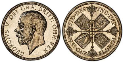 1087323 GREAT BRITAIN. George V. (King, 1910-1936). 1935 AR Florin, Two Shillings. PCGS PR66.  Edge: Reeded. Head left / Cross of crowned sceptres, shields in angles. KM 834. Proof; SCBC-4038.

Please use this link to verify the PCGS certification...