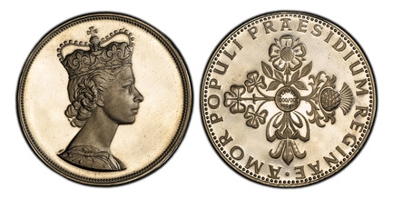 1087419 GREAT BRITAIN. Elizabeth II. (Queen, 1953-2022). (c.1953) ND Platinum Medal of 28 Ducats Weight. PCGS PR64 Cameo.  By T. H. Paget (Obv.) and Walter Leonhard (Rev.). Munich. Edge: Incuse letting, BAYER . STAATSMÜNZE PLATIN 357. 50mm. 99.88g...