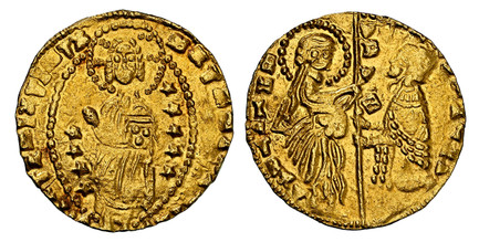 1084171 GREECE. Chios. Andrea Dandolo. (Doge, 1343-1354). (1343-54) AV Imitation Venetian Ducat. NGC MS65.  St. Mark standing at left presenting a banner and DVX vertically at top to doge kneeling at right / Full-length facing figure of Christ in ...