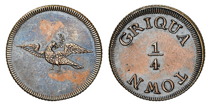 1087310 GRIQUATOWN. (1815-16) ND CU 1/4 Penny. NGC AU Details Environmental Damage.  Edge: Reeded. Dive with a branch in it's beak / Denomination. KM X-Tn1; Hern GT4.

Designed by Thomas Halliday for the London Mission Society, whose "Dove" emblem...