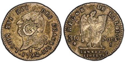 1087529 GUADELOUPE. (1803) AR 50 Sous. PCGS XF40 C/M XF Detailss.  "G". Countermark letter within a fifteen-rayed sun (rather than sixteen) over bust of Louis XVI. Lecompte 14.

Extremely rare. Unlisted countermark on a 30 Sol denomination on a Fr...