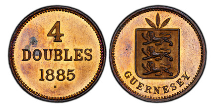 1086795 GUERNSEY. 1885-H AE 4 Doubles. PCGS SP64RB (Red-Brown).  Heaton, Birmingham. National arms / Value, date. KM 5. Proof.

Standard Coinage. Varieties exist.

Please use this link to verify the PCGS certification number <a href="http://www.pc...
