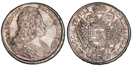 1087140 HUNGARY. Karl VI. 1733-KB AR Thaler. PCGS AU58.  Kremnitz. 28.72gm. CAR: VI · D: G: R: I: - S: A: G: HI: H: B: REX:. Armored laureate bust right / ARCHID: AU: D: BU: M:... Arms within Order chain on eagle's breast. KM 310.1; Dav.-1060;  Vo...