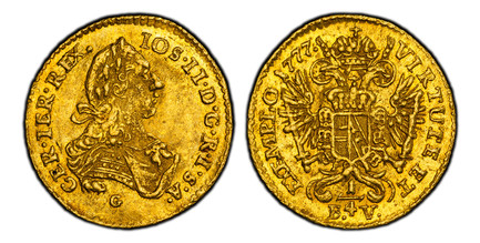 1087086 HUNGARY. Joseph II as co-Regent. 1777-G B.V. AV 1/4 Ducat. PCGS MS63.  Baia Mare (Romania) . 0.88gm. IOS · II · D · G · R · I · S · A – · GER · IER· REX/ G. Laureate bust, right; legend around and mintmark below / VIRTUTE ET – EXEMPLO. Cro...