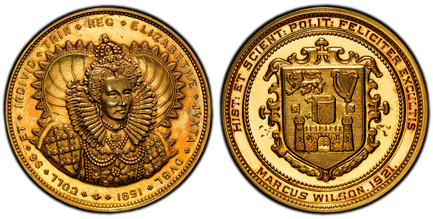 1086775 IRELAND REPUBLIC. Trinity College, Dublin. "1591" (1921) AV Medal of 9 Ducats Weight. PCGS SP63.  By West & Son. Edge: Plain. 40mm. 31.05gm. COLL. SS. ET. INDIVID. TRIN. REG. ELIZABETHAE. JVXTA. DVBL. 1591. Half-length bust of Elizabeth I,...