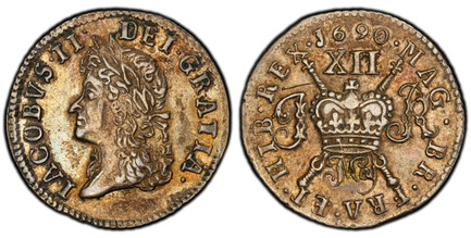 1087305 IRELAND. 1690 May AR Shilling. PCGS PR50.  Head of James II left. KM 100a. Proof; S-6582B5.

Silver Proof "Gun Money" issued as emergency currency by James II upon his flight from England and his arrival in Ireland.
Ex Sydney F. Martin Col...