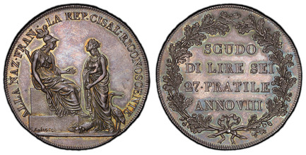 1082451 ITALIAN STATES. Cisalpine Republic. (1800)VIII AR Scudo Di Lire Sei, Scudo of 6 Lire. PCGS MS64.  Seated and standing figures / Value, inscription within wreath. C 2; Davenport 199; Mont. 184, Gig. 1.

Please use this link to verify the PC...
