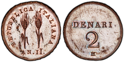 1086063 ITALIAN STATES. Italian Republic. Napoleon. A.II (1803)-M CU Pattern 2 Denari. PCGS SP63BN (Brown).  Milan. 3.35gm. 2 Oat sprigs / Written and numeral value. KM Pn2; Pagani 445.
Includes original collector's ticket.

Please use this link t...