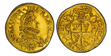1087535 ITALIAN STATES. Milan. Filippo IV. 1630 AV Quadrupla (2 Doppie). PCGS MS62.  28-29mm. 13.21gm. PHILIPP(VS). IIII. REX. H(I)(S)(P)(A)(N)(I). Crowned high-collared bust to right, date below / MEDIOLANI -  DVX. ET. C. Crowned shield of 4-fold...