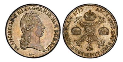 1087142 ITALIAN STATES. Milan. Franz II. 1793-M AR Crocione, Kronenthaler. PCGS MS62.  Milan. Edge: LEGE ET FIDE. 29.52gm. FRANCISC. II. D.G. R. I. S. A. GER. HIE. HVN. BOH. REX. Laureate bust to right, mintmark below / ARCH. AVST. DVX. BVRG. LOTH...