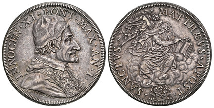 1085501 ITALIAN STATES. Papal States. Innocent XI. (Pontiff, 1676-1689). (1676)-I AR Piastra, Scudo of 80 Bolognini. NGC AU58.  Rome. 45mm. Capped bust, right / St. Matthew standing on cloud, angel left. KM 393; Dav.-4086; MIR 2012/1; Muntoni 41; ...