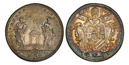 1085700 ITALIAN STATES. Papal States. Clement XIII. (Pontiff, 1758-1769). MDCCLXI-IV (1761) AR Testone, 30 Baiocchi. PCGS MS64.  Rome. 7.95gm. CLEMENS•XIII - PONT•M•A•IV•. Papal arms / S•PETRVS - S•PAVLVS.// MDCC - LXI. St. Peter and St. Paul stan...
