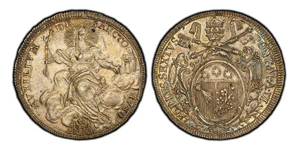 1085702 ITALIAN STATES. Papal States. Pius VI. (Pontiff, 1775-1799). 1780-VI AR Scudo. PCGS MS62.  26.26gm. PIVS SEXTVS - PONT• M• A• VI. Papal arms / AVXILIVM - DE - SANCTO (date). Holy Mother Church, seated. KM 1216.2; Muntoni 17; B.-2958.

Plea...