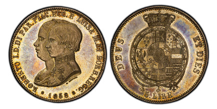 1085699 ITALIAN STATES. Parma. Roberto di Borbone. 1858 AR 5 Lire. PCGS MS63.  ROBERTO I. D.DI PAR. PIAC. ECC. E LUISA M. DI BORB. REGG. Conjoined busts left / DEUS - ET DIES. Crowned oval shield. KM C-36; Pagani 20; Gigante 1.

Please use this li...