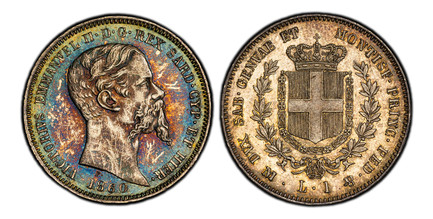 1085802 ITALIAN STATES. Sardinia. Vittorio Emanuele II. 1860 F//M AR Lira. PCGS MS64.  Milan. Edge: FERT - FERT - FERT. 23.10mm. 5.00gm. VICTORIVS EMANVEL II. D. G. REX SARD. CYP. ET HIER. Head to right, date below / DVX SAB. GENVAE ET MONTISF. PR...